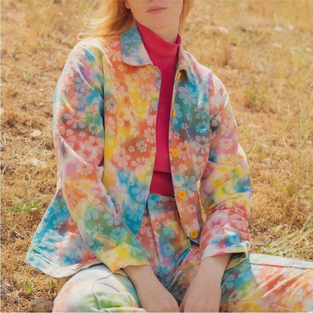 Big Bud Press sz XL Rainbow Floral Jacquard Work Jacket Tie Dye Lazy Daisy Rare